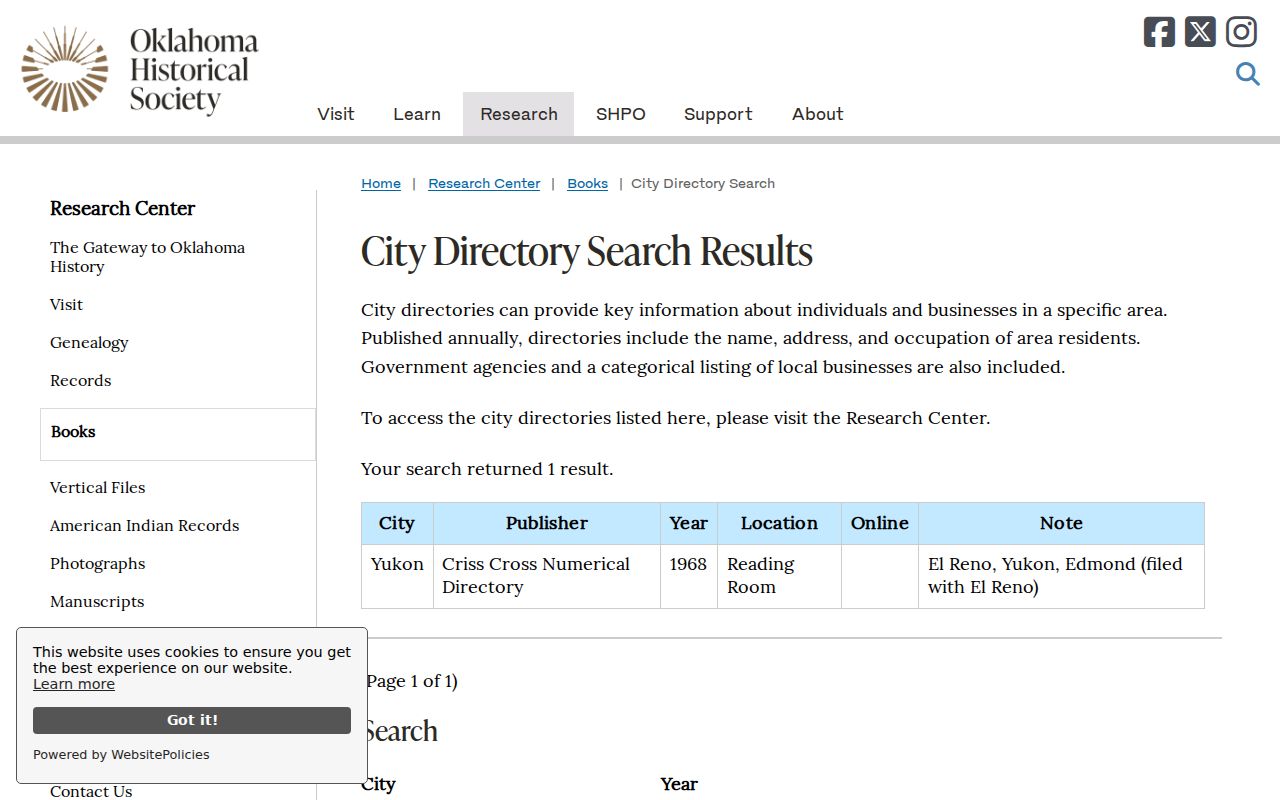 Yukon city directory search result for the 1968 criss-cross collection