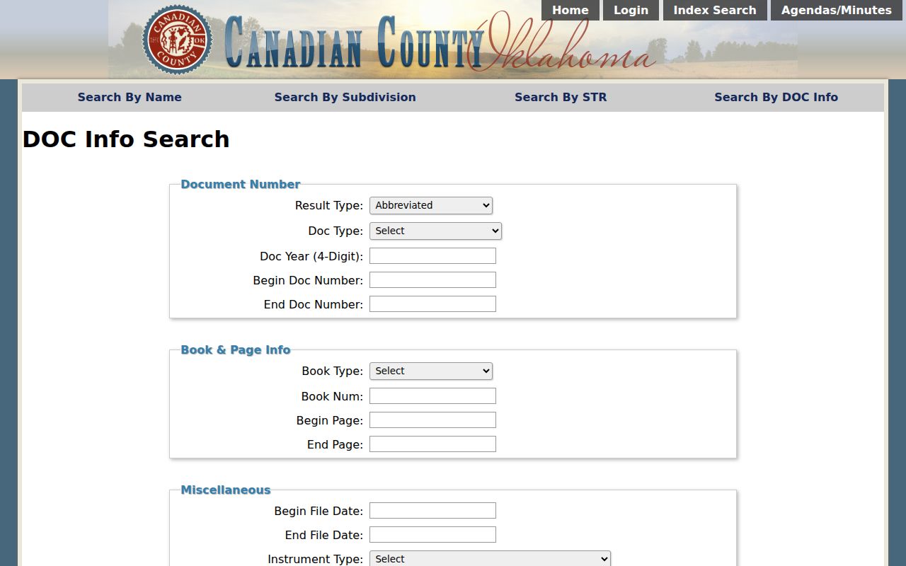 Yukon street directory Canadian County Clerk document information search fields